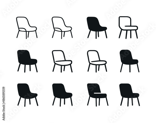 Minimalist Room Logos. Designing a minimalist room. Icon set. Set Logo of designing a minimalist room: accent chair outline. harmonious logo variations of the