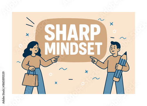 Sharp Mindset Banner. Sharp mindset banner, flat vector illustration, bold oversized text inside rounded blob banner, cartoon characters standing and pointing,