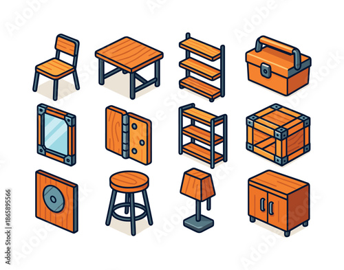Wood-Metal Icon Set. Wood and metal combo. Colorful isometric vector icons set of Wood and metal combo: wood-metal chair, industrial table, metal shelf with