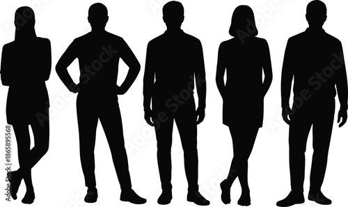 people silhouette, standing man, standing woman, male female group, human figure, body posture, vector outline, black silhouette 