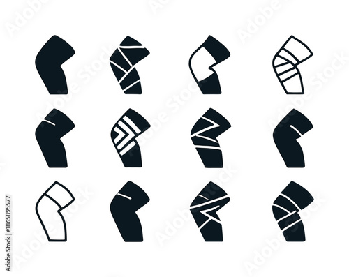Bandaged Body Icons. Bandaged body. Icon set. Set Logo of Bandaged body: wrapped knee. harmonious logo variations of the same emblematic concept, each with
