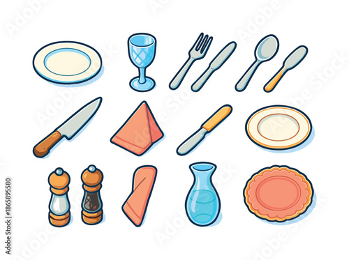 Colorful Tableware Icons. Fine tableware. Colorful isometric vector icons set of fine tableware: porcelain plate, crystal wine glass, silver fork, silver