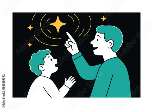 Awe-Inspiring Night Sky. Shared wonder. A parent points to floating stars while the child watches in awe; glowing shapes spark imagination. Light waves fill