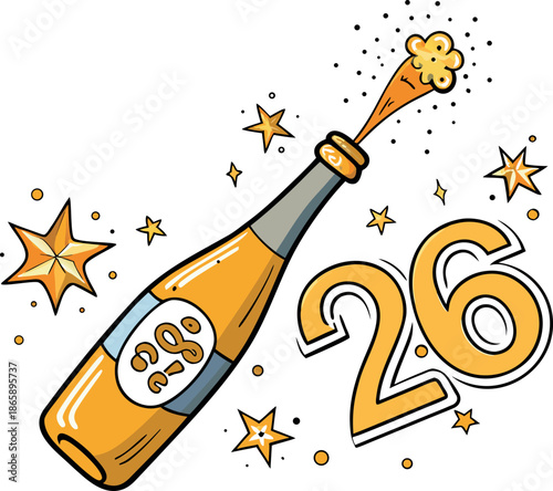 Hand drawn cartoon illustration captures the effervescent excitement of a champagne bottle popping open spectacularly next to the large golden number twenty-six symbolizing a special anniversary 