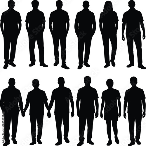 People silhouettes walking collection men women casual clothing crowd movement urban lifestyle concept isolated vector illustration white background