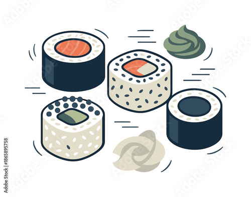 Modern Sushi Art. Sushi rolls. A clean layout of colorful rolls with visible textures; floating wasabi and ginger shapes nearby. Soft motion lines showing