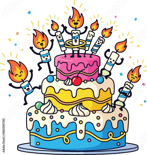 Large tiered celebration cake with animated candle people hula hooping and dancing in excitement
