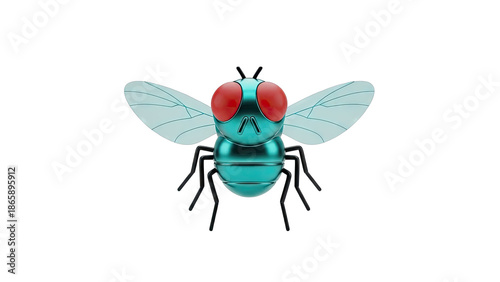 Metallic Teal Fly with Red Eyes and Translucent Wings