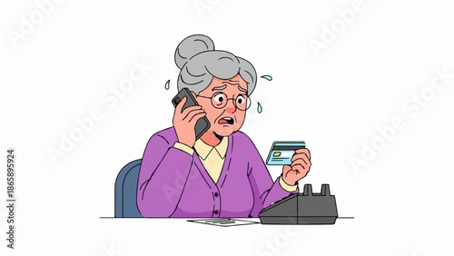 Elderly woman distressed on phone with credit card and landline