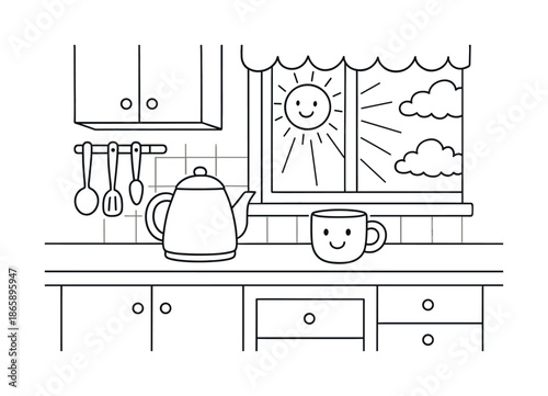 Kitchen Coloring Fun. Morning kitchen scene children?s coloring book illustration, outlined drawing, sunlight on counter with a smiling mug and simple kettle,