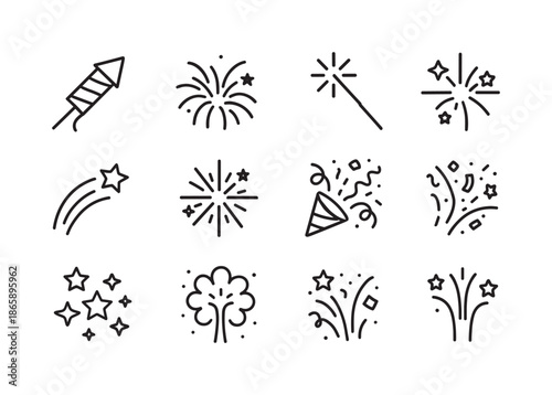 Fireworks Icon Set. Fireworks. Line icon set of Fireworks: rocket firework, bursting spark, sparkler, explosion star, trails, comet, sparkle rays, party