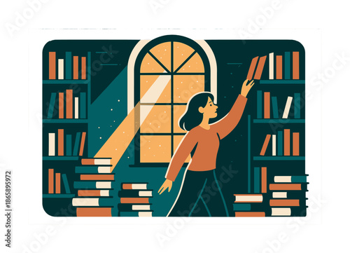 Sunlit Library Tranquility. Library window. Sunlight streams through a tall arched library window, illuminating floating dust motes and stacks of books below.