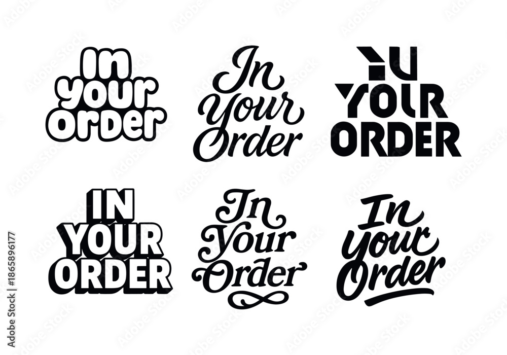 Fototapeta premium Creative Lettering Grid. Present in your order. Set lettering. harmonious lettering variations of the same emblematic concept, each with different artistic