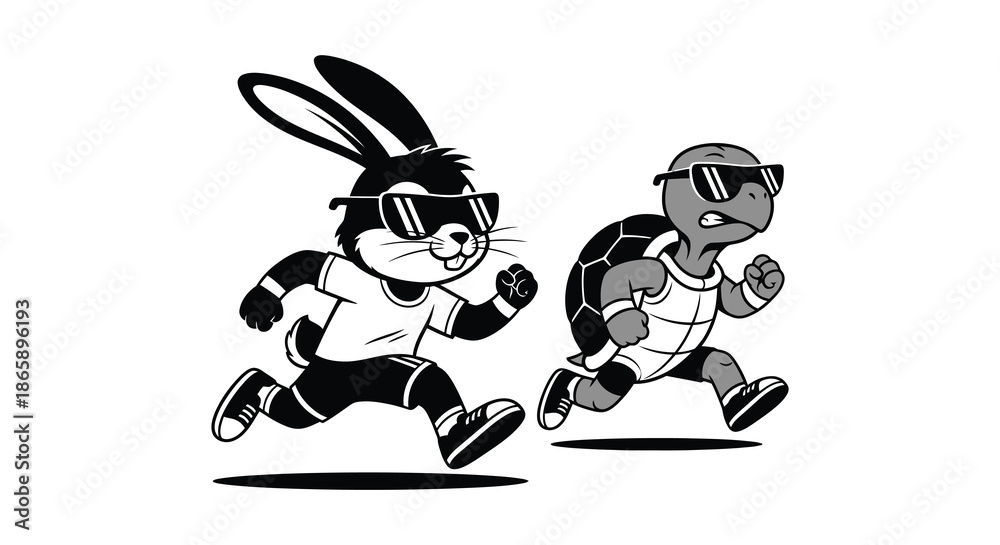 Fototapeta premium A playful depiction of the classic hare and tortoise race both sporting sunglasses in a striking silhouette
