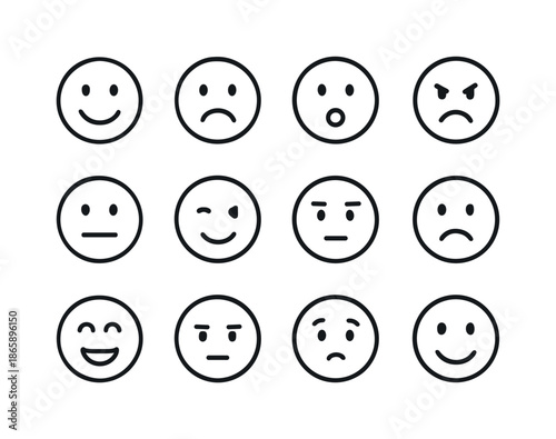Facial Expression Icons. Facial expressions. Line icon set of Facial expressions: smile, frown, surprised face, angry face, neutral face, wink, raised eyebrow,
