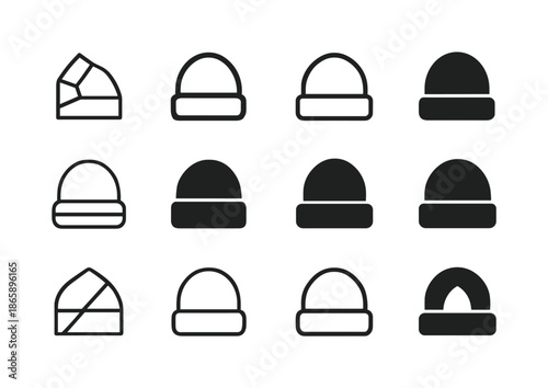 Beanie Icon Set. beanies. Icon set. Set Logo of beanies: folded cuff. harmonious logo variations of the same emblematic concept, each with different artistic