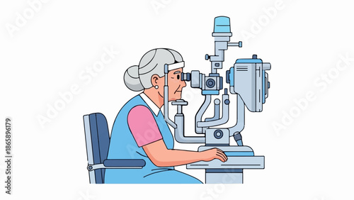 Elderly woman undergoing an eye examination with specialized equipment