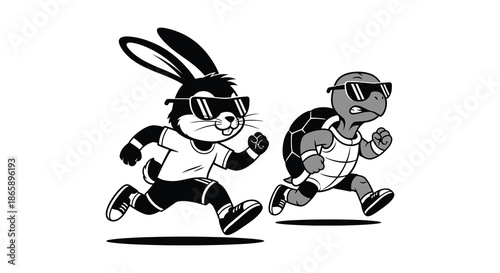 A playful depiction of the classic hare and tortoise race both sporting sunglasses in a striking silhouette