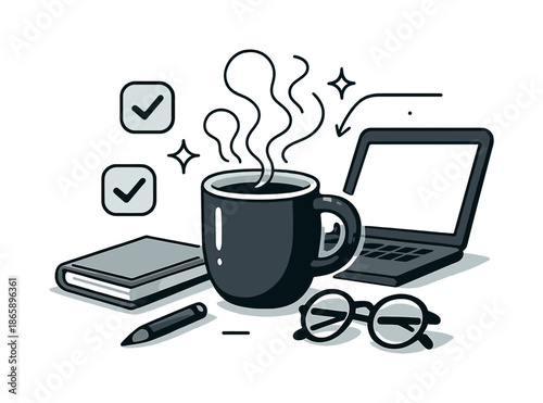 Cozy Coffee Workspace. Cozy home desk coffee setup. A laptop, notebook, and glasses surround a freshly brewed mug, steam forming soft abstract shapes above.