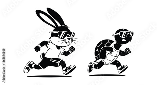 a dynamic illustration of a rabbit and a tortoise engaged in a race presented as a striking silhouette