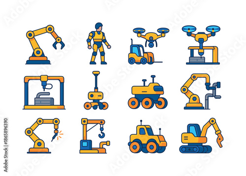 Construction Robotics Icons. Construction robotics. Colorful flat vector icons set of construction robotics: robotic arm, exoskeleton suit,