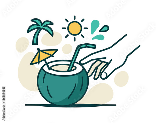 Tropical Coconut Delight. Tropical refreshment. A coconut drink with umbrella and straw rests on a surface as a hand reaches in; sun, palm, and splash icons