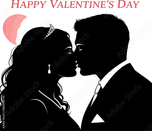 Silhouette profile of wedding couple about to kiss for greeting