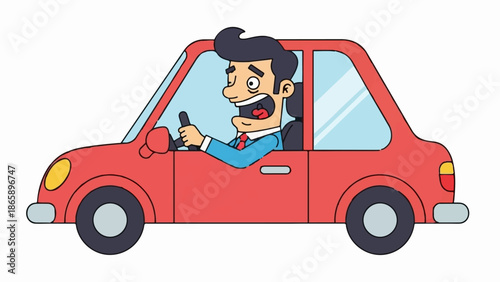Exaggerated cartoon man with wide eyes and open mouth driving a red car