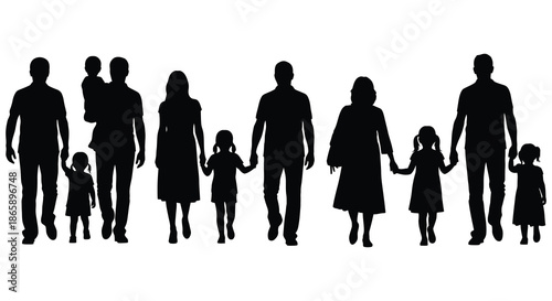 A family group of nine people shown in black standing together as a cohesive unit silhouette