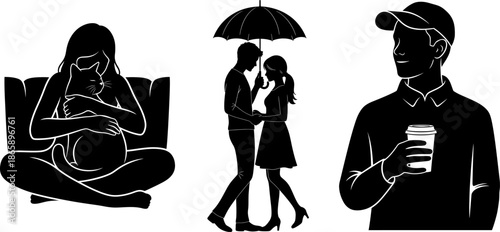 Single life lifestyle silhouettes featuring pets and coffee time