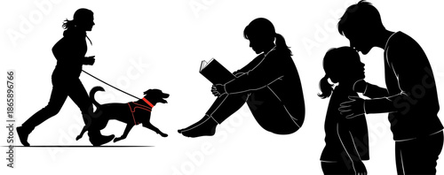Woman jogging with dog girl reading book father daughter silhouette
