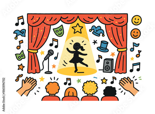 Vibrant Stage Performance. Stage performance. Colorful Hand-drawn doodle Children illustration Stage performance curtain, spotlight, audience seats,