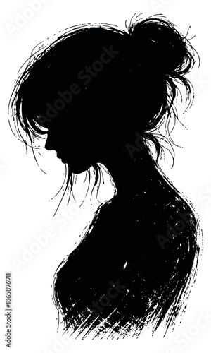 Distressed hand drawn illustration of a woman depicting a contemplative profile for emotional design projects