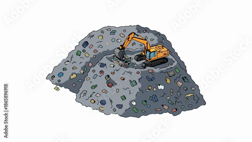 Excavator digging into a large mound of colorful trash