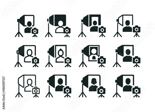 Studio Portrait Icons. Taking portraits in a studio. Icon set. Set Logo of Taking portraits in a studio: exposure meter. harmonious logo variations of the same