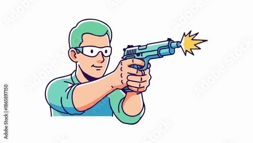 Person in protective eyewear fires a handgun, with muzzle flash