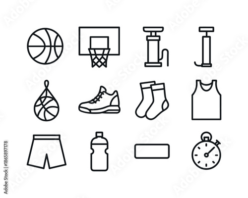 Basketball Equipment Icons. Basketball equipment. Line icon set of Basketball equipment: basketball ball, hoop and backboard, net detail, pump, ball bag,