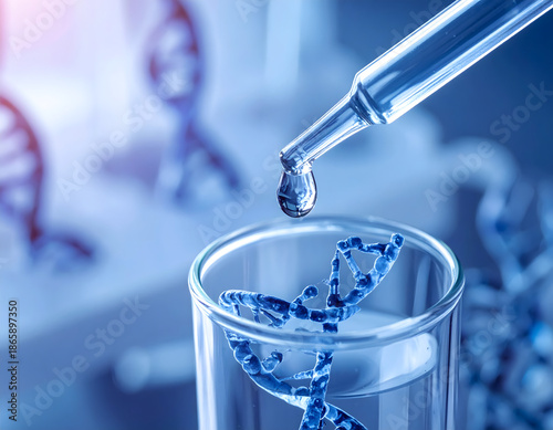 A close-up shot of a test tube with a DNA model, capturing the essence of scientific research. A pipette dispenses a drop of liquid