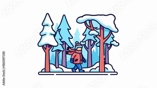 Person in red jacket and striped hat walks through a snow-covered forest