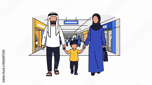 Family walking through a modern shopping arcade