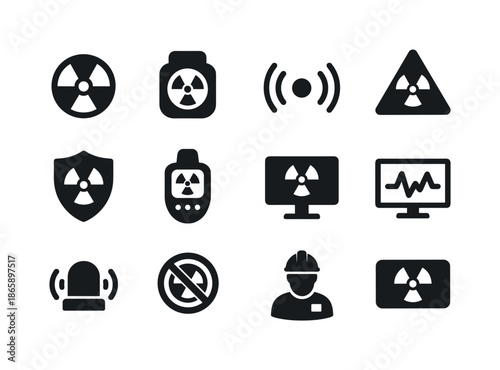 Radiation Monitoring Icons. Radiation Monitoring. Solid icon set of Radiation Monitoring: radiation symbol, dosimeter badge, wave icon, hazard triangle, shield