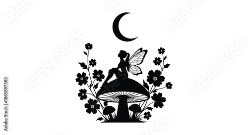 a whimsical scene depicting a fairy sitting on a mushroom surrounded by flowers beneath a crescent moon silhouette