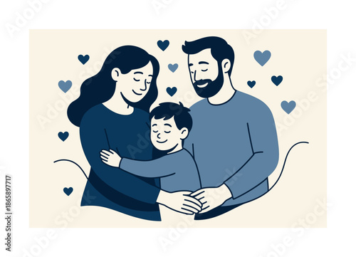 Family Love Illustration. Loving moments between couples with children. Parents holding hands while their child hugs one of them; floating heart