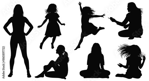 A collection of women in various dynamic poses captured as striking black shapes silhouette high quality
