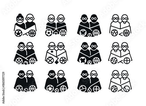 Grandparents Sports Logos. Grandparents attending kids' sports games. Icon set. Set Logo of Grandparents attending kids' sports games: warm blanket. harmonious