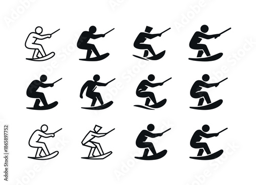 Wakeboarding Logo Collection. Wakeboarding. Icon set. Set Logo of wakeboarding: wakeboarder silhouette. harmonious logo variations of the same emblematic