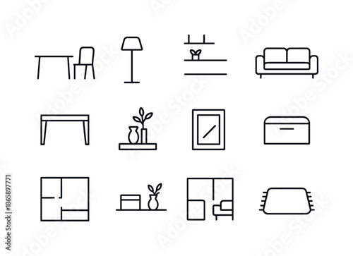 Minimalist Interior Icons. Minimalist interior design. Line icon set of Minimalist interior design: sparse furniture, floor lamp, sleek shelves, modern sofa,