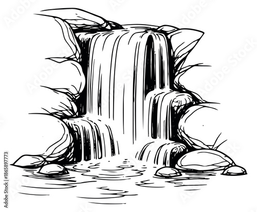 Hand drawn line art illustration of a waterfall depicting water cascading over rocks for nature themed designs