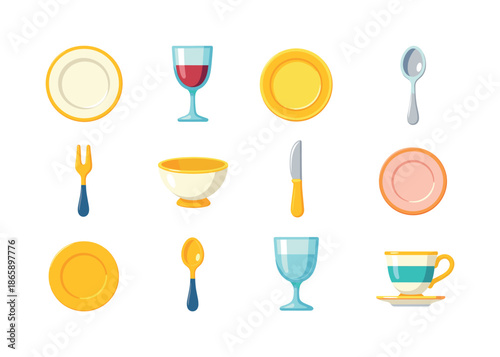 Luxury Tableware Icons. Luxury tableware. Colorful flat vector icons set of luxury tableware: porcelain plate, crystal wine glass, gold-rimmed dish, silver