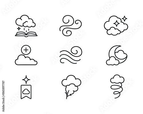 Mystical Cloud Icons. Mystical cloud tales. Line icon set of mystical cloud tales: enchanted book, mist swirl, star cloud, floating symbol, airy ribbon,